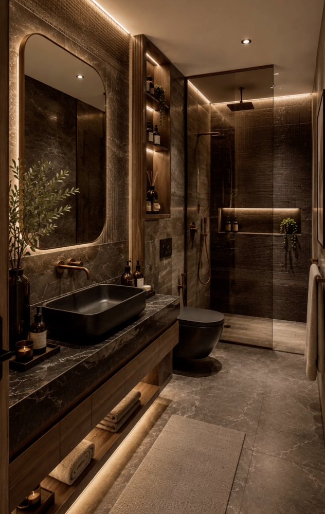 Luxury bathroom remodel with dark stone tile, floating vanity and walk-in shower
